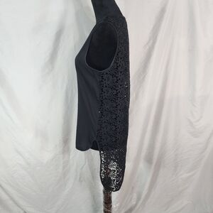 TORN by Ronny Kobo Size Large Black Sleeveless Crochet Back Droptail Knit Top